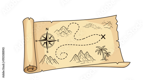 Old parchment treasure map with mountains, palm trees, and a dotted path leading to a mysterious marked X location.