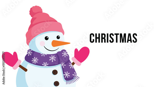 Friendly snowman wearing a pink hat, mittens, and a purple scarf with snowflakes celebrates the christmas season.