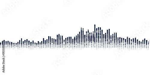 Vector illustration of green grass with a fence featuring a digital audio equalizer and blue business market chart for a technology data design