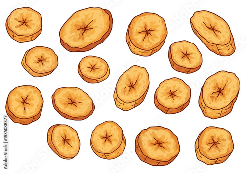 Sliced bananas on white background.