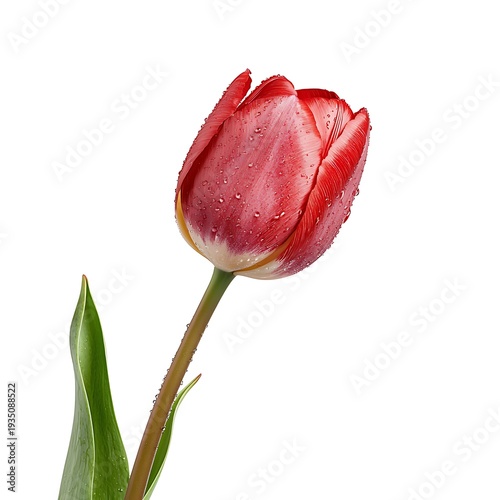 Vibrant Red Tulip with Water Droplets Against a White Background in Natural Light