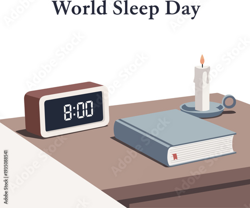 World Sleep Day illustration with alarm clock, candle, and book on bedside table, promoting healthy sleep habits
