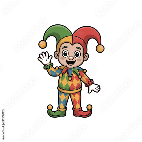 Happy Cartoon Jester Waving - Colorful Clown Character,
Playful Harlequin Vector Illustration for Festivities,
Cheerful Jester Mascot Waving Hand - Kids Entertainment,