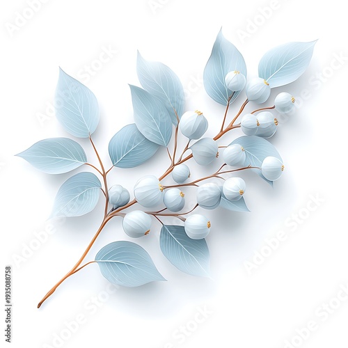 Ethereal White Berry Branch with Delicate Leaves on a Minimalist Background