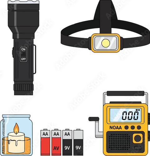 Emergency Preparedness Kit Essentials: Flashlight, Headlamp, Batteries, Candle, and NOAA Radio Vector Set