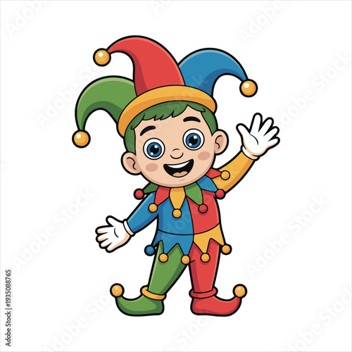 Happy Cartoon Jester Waving - Colorful Clown Character,
Playful Harlequin Vector Illustration for Festivities,
Cheerful Jester Mascot Waving Hand - Kids Entertainment,