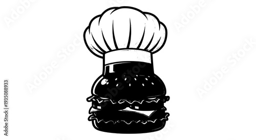 A black and white illustration of a hamburger wearing a chef's hat on a transparent background displayed centrally.