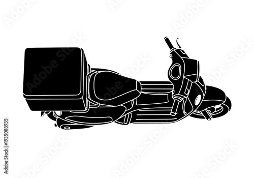 Motorcycle illustration with bold lines and black silhouette on a simple white background viewed from side