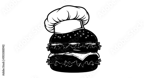 A black and white illustration of a chef's hat on a burger, viewed from the front