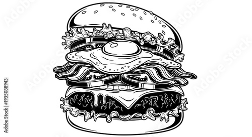 Detailed black and white illustration of a juicy burger with sesame seeds on a bun