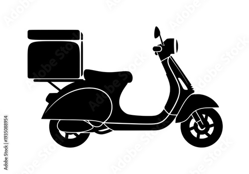 Delivery scooter with large storage box on the rear, viewed from side, on plain background