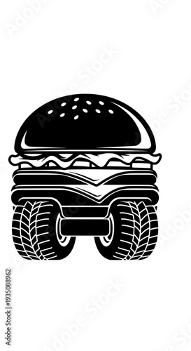 A black and white illustration of a burger with wheels replacing the buns driving on road