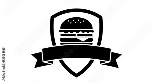 A black and white illustration of a hamburger in a shield emblem with ribbon banner
