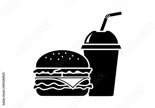 A black and white illustration of a burger and drink on a plain white background viewed from the front