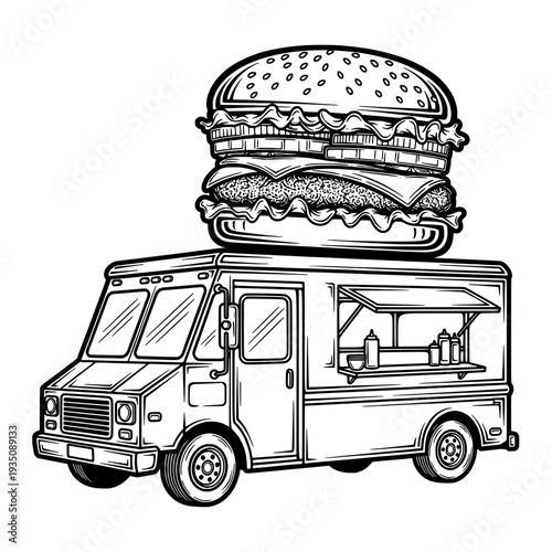 A food truck with a giant burger on top parked on the street serving customers