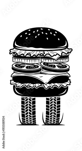 Black and white illustration of a burger character standing upright with tire legs