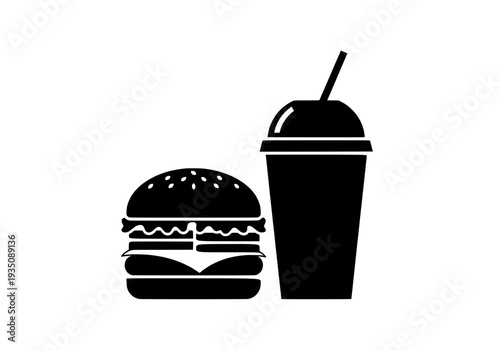 A fast food meal consisting of burger and drink on a clean background viewed directly