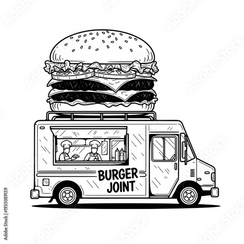 A large burger sits atop a food truck serving customers from a side window view