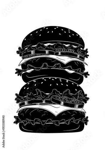 A digitally illustrated burger with multiple layers and toppings is displayed on a white background