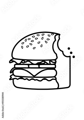 Delicious burger with sesame seeds on bun, illustration, food concept, simple line art, appetizing meal