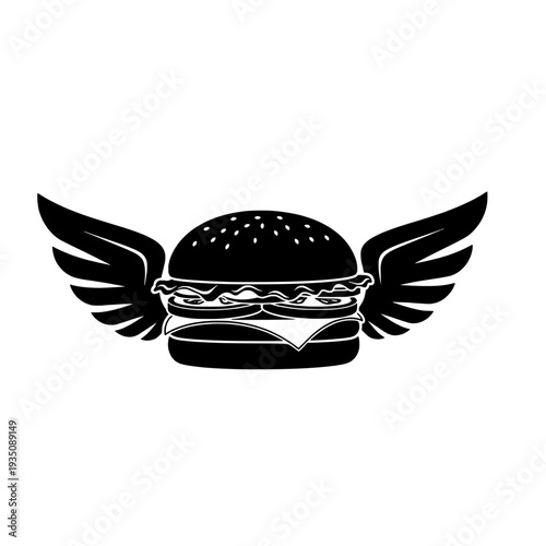 Illustration of a burger with wings on a plain white background from a front view
