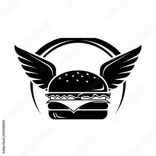Stylized burger icon with wings in circular frame, vector illustration, black and white design, graphic element, food symbol