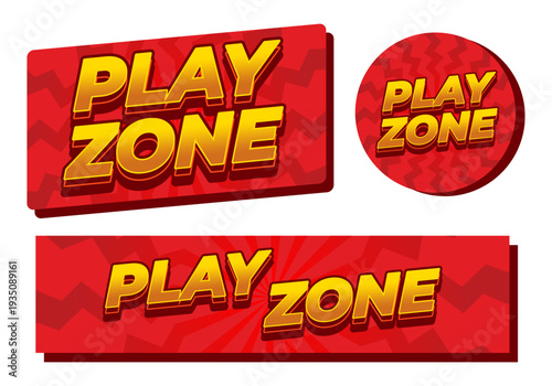 Bold red banners with yellow 3d text reading play zone in different shapes, chevron pattern background
