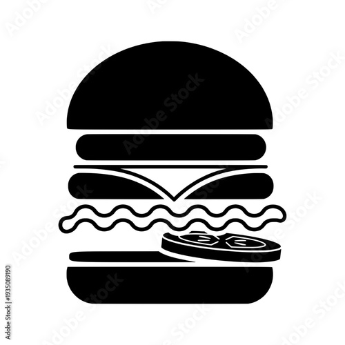 A simple black and white graphic illustration of a hamburger with toppings on a plain background