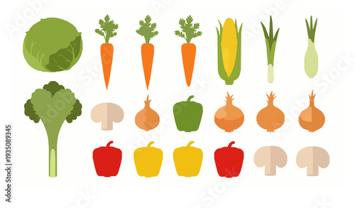 Healthy Vegetable Collection Vector – Cabbage, Carrots, Corn, Onions, Peppers and Mushrooms