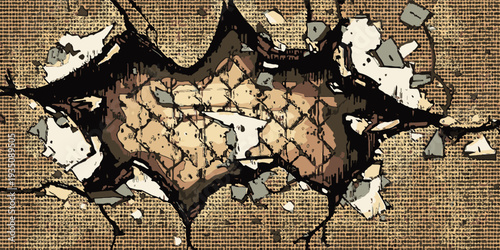 The wall details are in very poor condition. Textured surface of abandoned building wall made of weathered brown bricks covered with flaked white color stucco.