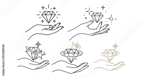 Luxury Diamond in Hand Logo Collection, Minimalist Female Hand Holding Shining Gemstone, Elegant Jewelry Branding Line Art Set Isolated on White Background