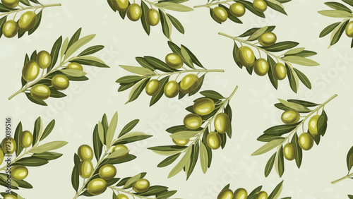 Seamless Mediterranean food pattern featuring branches of ripe green olives and lush leaves on a light sage green textured background.