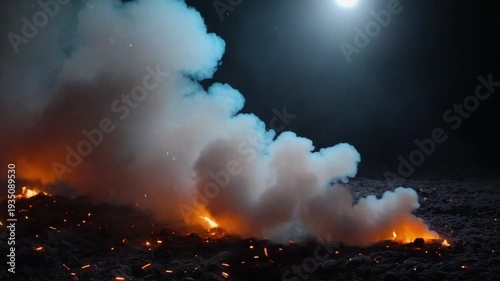 Intense wildfire burning at night with smoke and flames