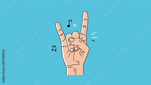 Hand gesture showing the rock on or devil horns sign with musical note symbols, representing heavy metal music and energetic vibes.