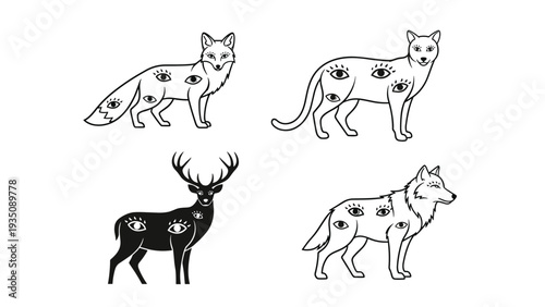 Mystic line art illustrations of a fox, deer, and wolf decorated with multiple eye symbols, creating a spiritual or occult animal set.