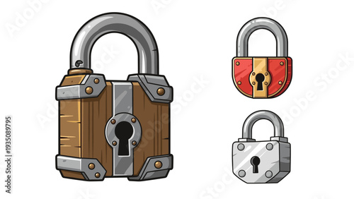 Collection of three padlock icons in different designs including a large wooden lock, a small red one, and a silver metal variant.
