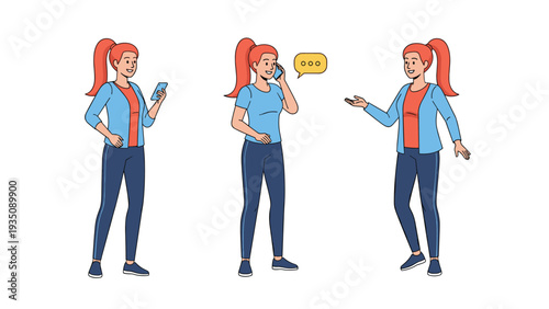 Girl in a blue cardigan shown in a sequence of three actions including texting, talking on the phone, and gesturing while speaking.