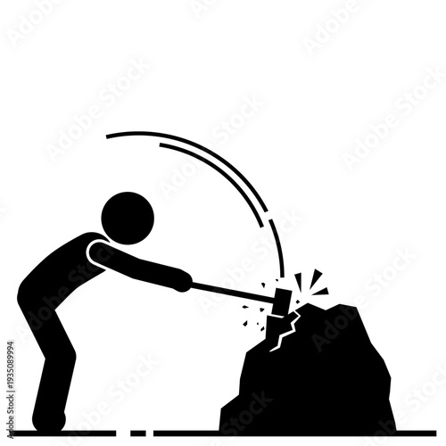 Stick figure breaking rock with hammer