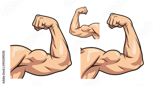 Multiple illustrations showing a strong muscular male arm flexing its large bicep, representing bodybuilding, fitness, and strength.
