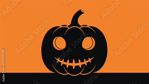 Spooky Halloween jack-o-lantern pumpkin silhouette with a glowing carved face set against a vibrant solid orange and black background.