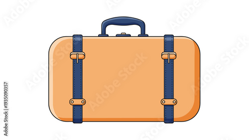 Classic vintage style suitcase in a warm tan color with dark blue leather straps and handle, perfect for travel and vacation themes.