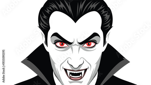 Menacing portrait of a traditional vampire with pale skin, intense red eyes, and sharp fangs, perfect for horror and Halloween themes.