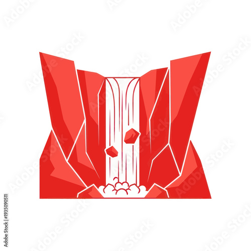 Abstract Red Waterfall Landscape - Geometric Rocks and Water Flow