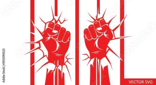 Breaking Free: Red Fists Crushing Prison Bars, Symbolizing Freedom and Resistance