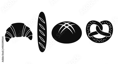Black Bakery Icons: Croissant, Baguette, Round Bread, Pretzel on White Background