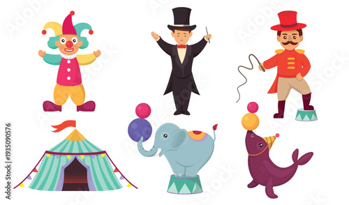 Set of circus element mascot designs.