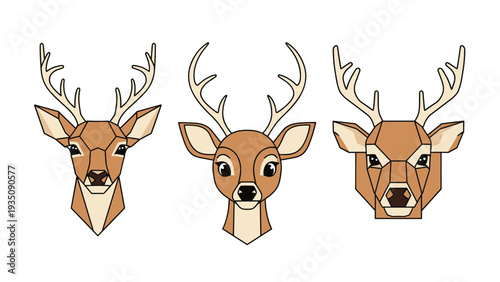 Three geometric deer head portraits with impressive antlers, featuring a modern low poly artistic style for wildlife and nature themes.