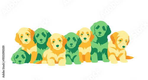 Cute Group of Puppies: Golden Retriever Pups in Yellow and Green Tones