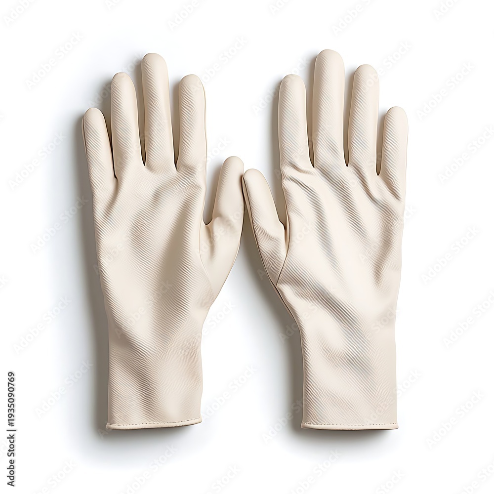 Obraz premium Beige Rubber Gloves for Cleaning, Cooking, and Household Tasks on a White Background