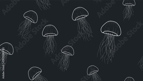 Seamless background pattern of white jellyfish outlines on a dark navy blue background, a graceful and minimalist marine life design.